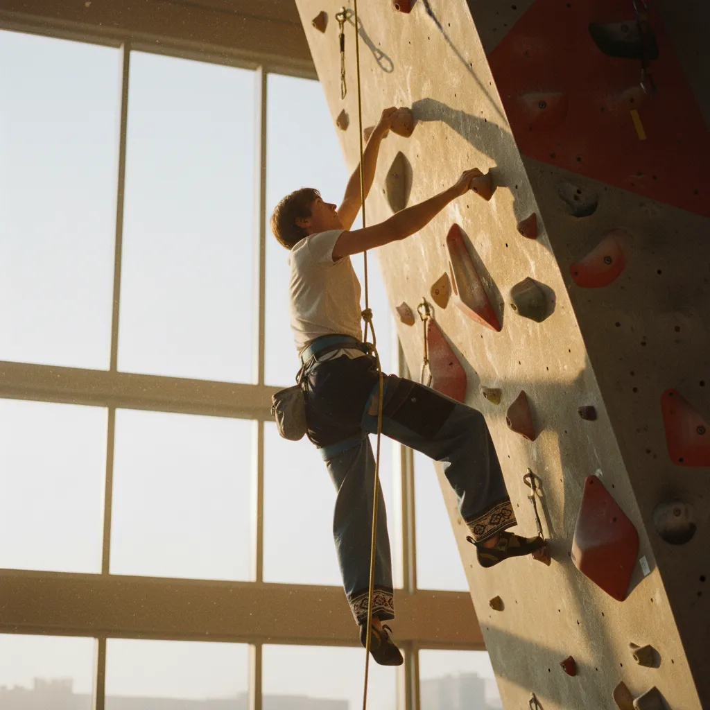 Climber on top rope in Dusk colorway Bowcho pants